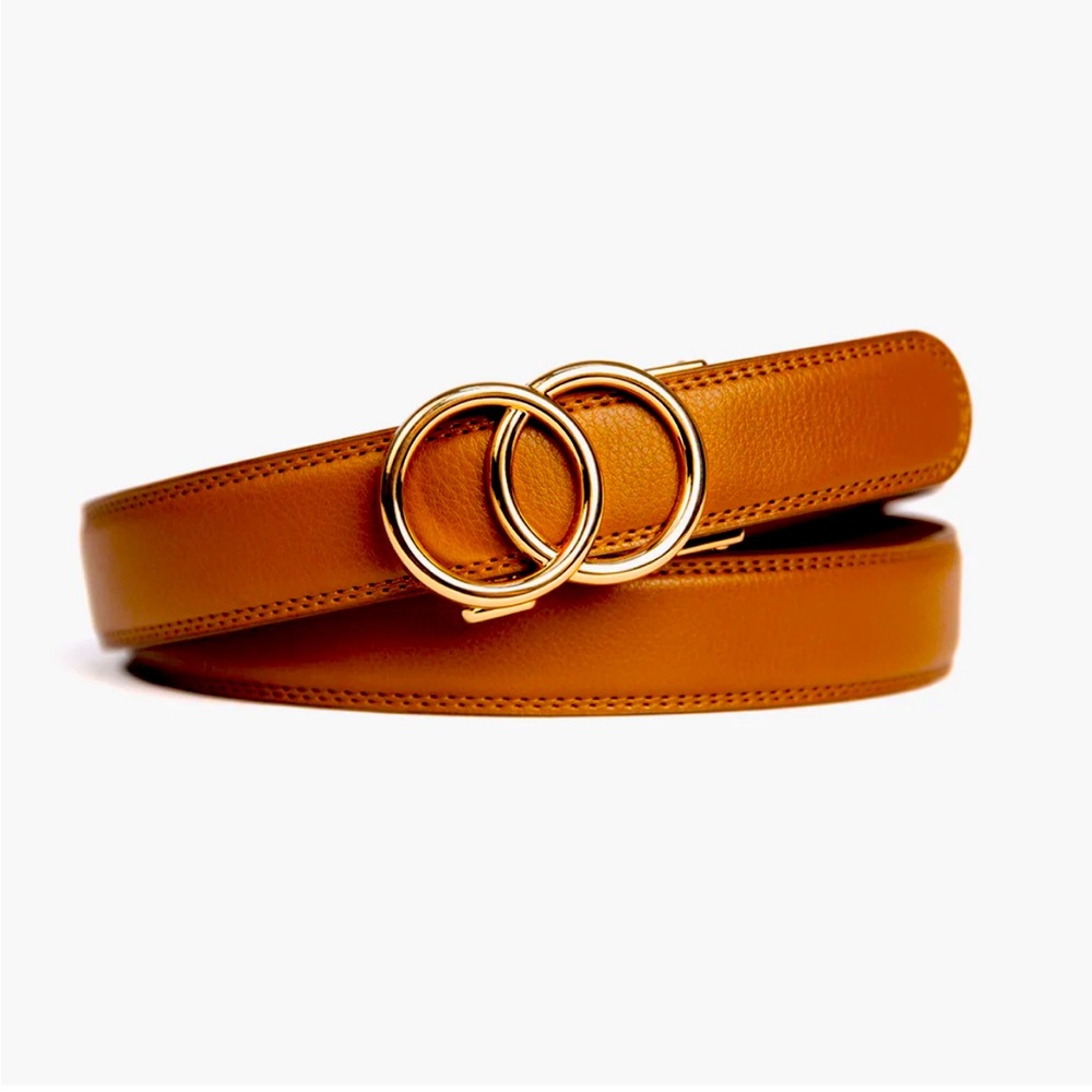 Bella Tan Vegan Leather Belt with Gold Double Ring Buckle
